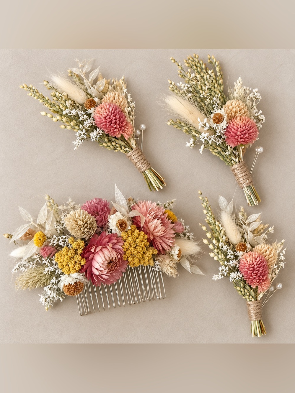 Bridal Comb & 3 Groom’s Men Boutonnieres. Dried flower Hair Comb & Bouts NWOT